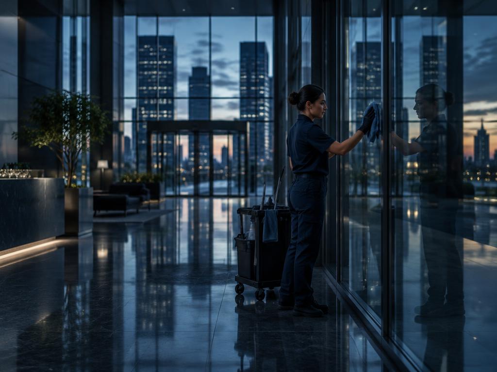 Cleaner polishing the glass lobby of a commercial building