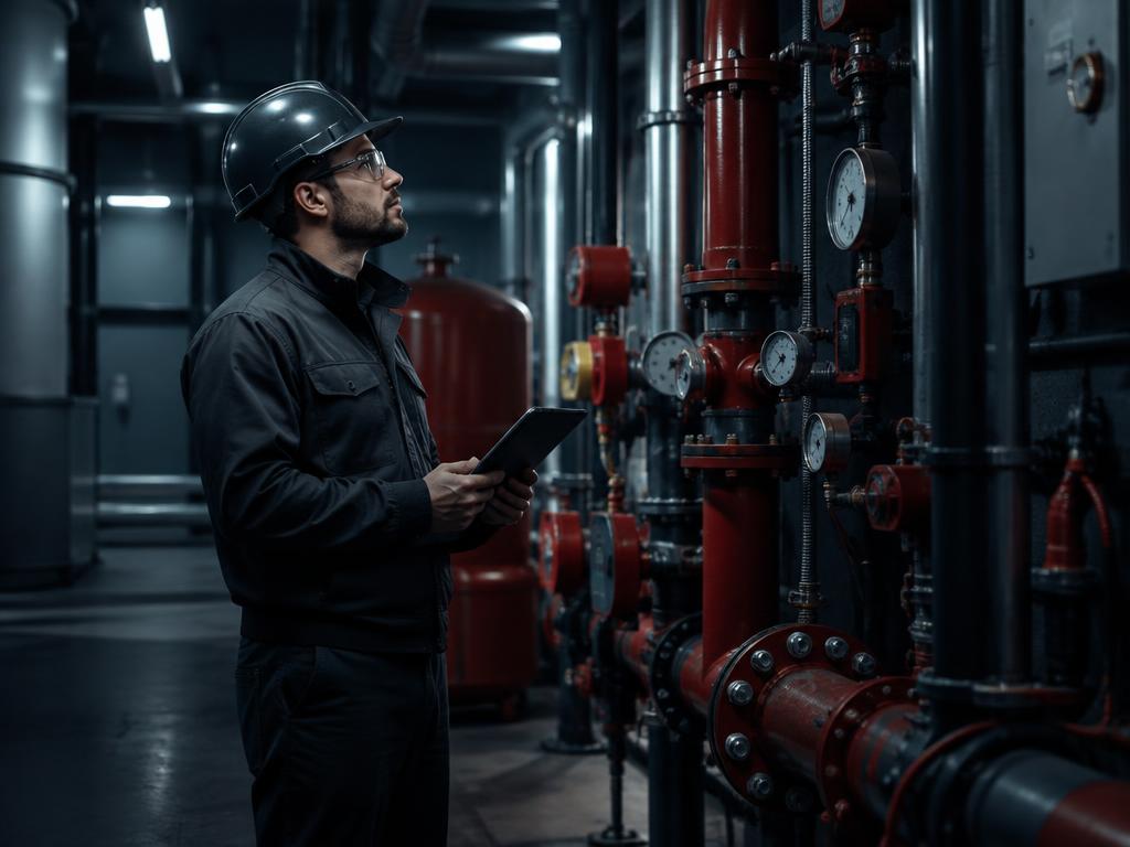 Engineer inspecting compliance equipment in a plant room