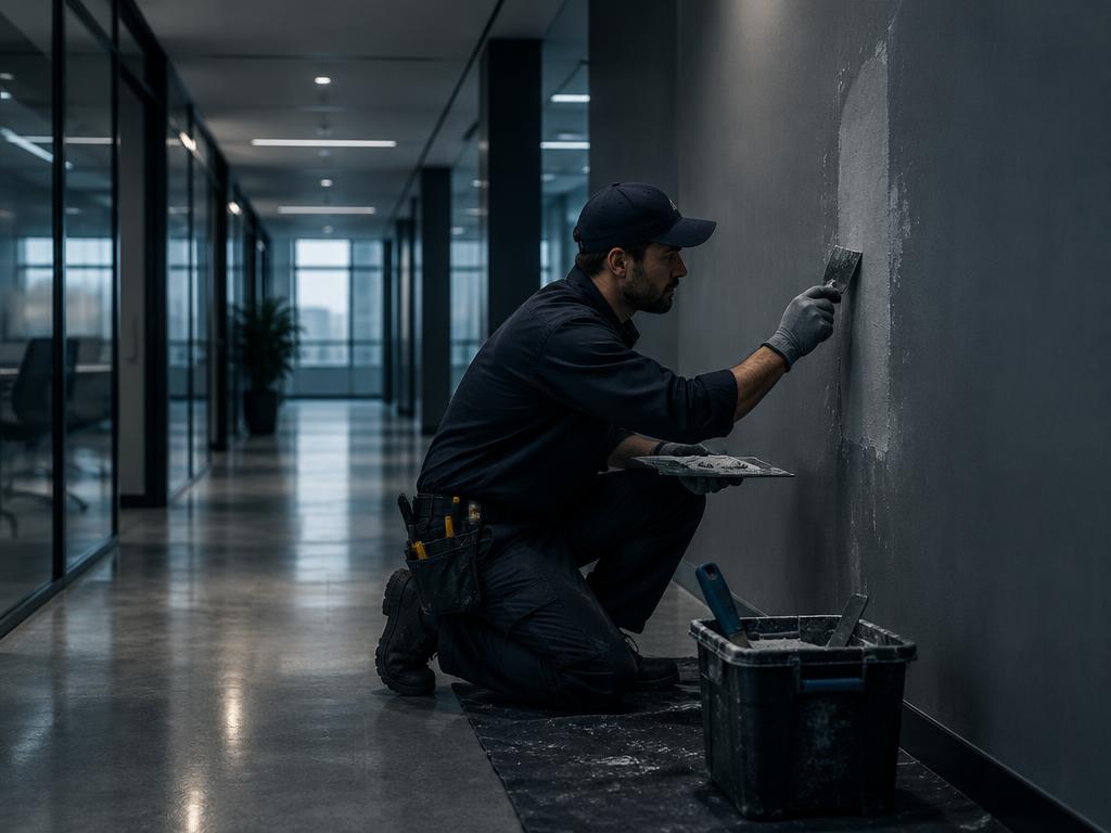 Engineer carrying out fabric repairs in a commercial corridor