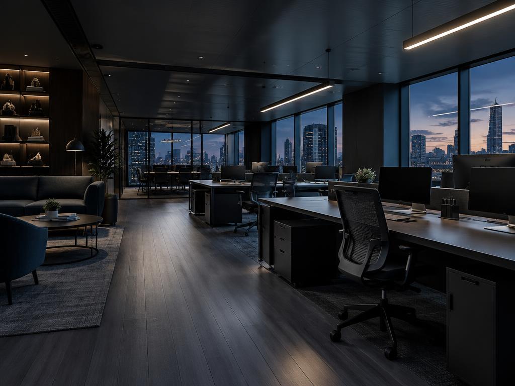 Freshly refurbished premium office interior at dusk