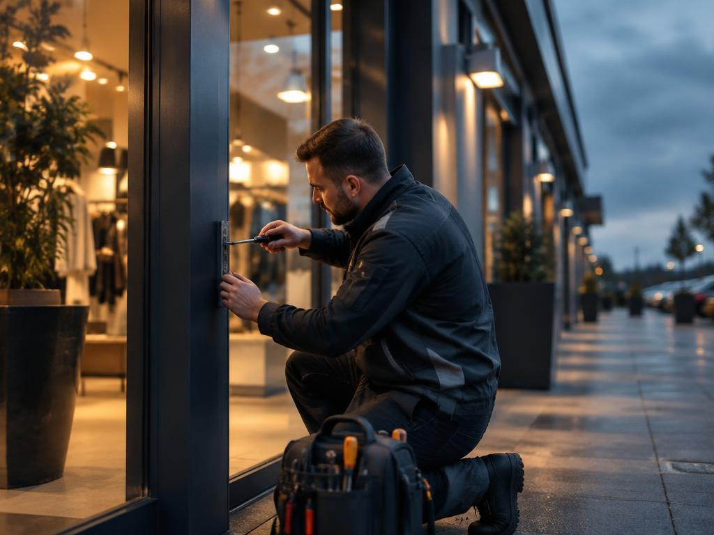 Technician carrying out maintenance at a retail shopfront at dusk