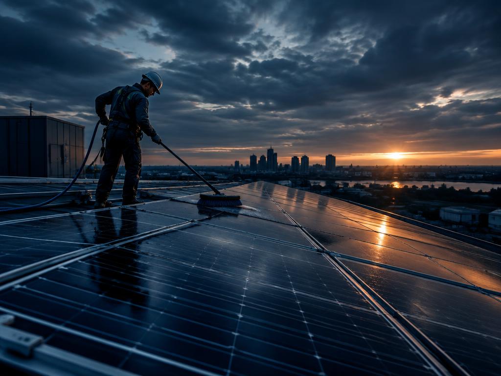 Technician cleaning rooftop solar panels at sunset